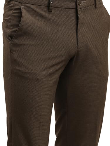 Image of Turtle Men Brown Slim Fit Dobby Flat Front 4 Way Stretch Formal Trouser