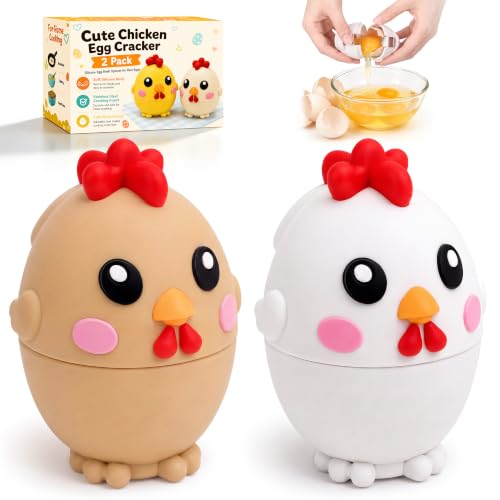 2 Pack Egg Cracker, Cute Chicken Silicone Egg Shell Opener for Raw Eggs, Egg Cracker Tool with Stainless Steel Cracking Insert, No Mess Kitchen Gadget for Breakfast Baking Cooking - Brown White