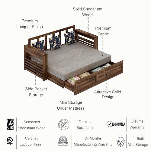 Image of Ganpati Arts Solid Sheesham Wood 3 Seater Lurid Sofa Cum Bed with Side Pocket for Living Room Bed Room Wooden Bedroom Furniture for Home (Teak Finish)