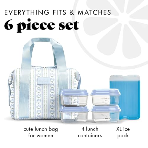 Fit & Fresh Remi Lunch Bag for Women Work – Neoprene Lunch Tote with Containers & Ice Pack, Reusable Meal Prep Lunch Box, Large Capacity, Machine Washable, Blue Wallpaper Bows by Fit & Fresh - Image 2
