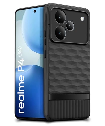 Image of WOW IMAGINE Back Cover for Realme P4 5G with Hexa Cube Design | Ultra Slim Soft Rubberised Case | Inner Velvet Fabric | Matte Silicone Flexible Mobile Case | Camera Protection - Black
