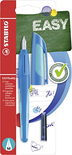 Penna Stilografica Ergonomica per bambini - STABILO EASYbuddy in Blu/Azzurro - Punta Standard - 2 Cartucce Blu incluse
