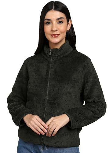 Image of Alan Jones Clothing Women's Fluffy Yarn Fleece Full-Zip Jacket | Soft Lightweight Warm Outerwear with Stand Collar & Piping at Hem & Cuffs