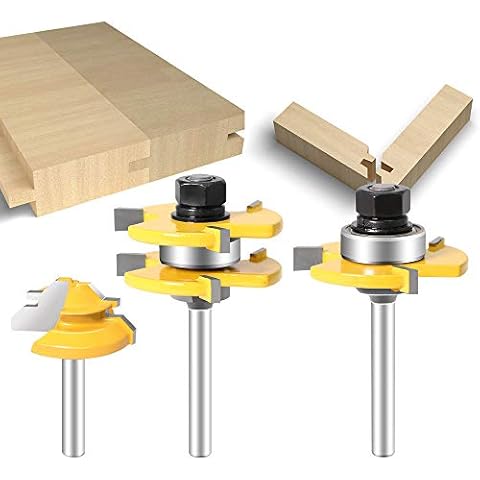 BestFire 3 Pack Tongue & Groove Router Bit Tool Set 1/4'' Shank Rabbeting Router Bit 45° Lock Mitre Glue Joint Router Bit + Router Bit Set 3 Teeth T Shape, Wood Milling Cutter Woodworking Tool Cover