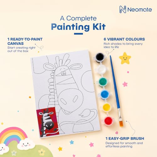 Image of Neomate Canvas Painting Kit for Kids | DIY Painting Set with 1 Printed Canvas, 6 Acrylic Paint Pots & Brush | Art and Craft Kit, Paint Kit for Kids, Birthday Gift, Return Gift, Creative Activity Set