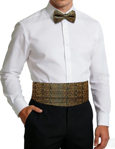 Image of Paisley Floral Tuxedo Cummerbund Bow Tie Pocket Square Set for Men | 3-piece set:cummerbund,bow tie&pocket square.Adjustable back for comfort.Silk blend,wedding,proms,black tie&formal events.