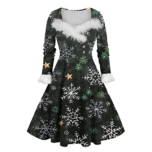 Weihnachtskleid Frauen Langarm Festliches Kleider Vintage A-Linie Elegant...