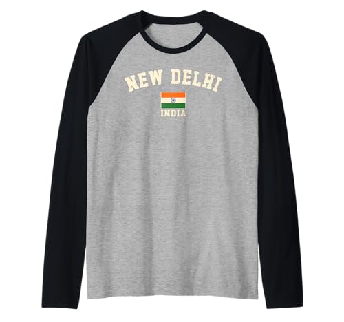 Vintage Nueva Delhi India Bandera India Recuerdo Retro Gráfico Camiseta Manga Raglan