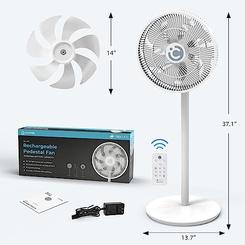 Coococo Cordless Standing Fan, Dc Motor Powerful & 24Db Ultra Quiet, 15000Mah Battery Pedestal Oscillating Fan With Remote, 15 Speeds & 4 Timer, 7 Blades For Outdoor, Patios, Home, Bedroom, White #TOP6