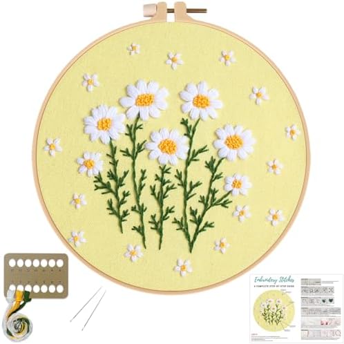 Louise Maelys Daisy Flower Beginners Embroidery Kits,Cross Stitch Kit for Adults,DIY Needlepoint with Floral Pattern,Including Hoop,Threads and Instruction