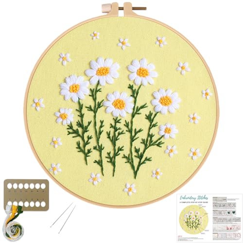 Image of Louise Maelys Daisy Flower Beginners Embroidery Kits,Cross Stitch Kit for Adults,DIY Needlepoint with Floral Pattern,Including Hoop,Threads and Instruction