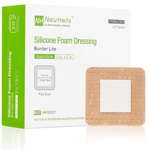NeuHeils Silicone Foam Dressing Gentle Border Lite 2x2 Pad Size 1x1 20 Pack for Small Bed Sore Pressure Ulcer Wound Bandages Patches