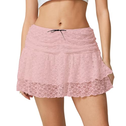 Women Lace Mini Skirt Y2K Ruffle Layered Flowy Short Skirts Summer Cute Country Concert Ruched Waist A-Line Skirt
