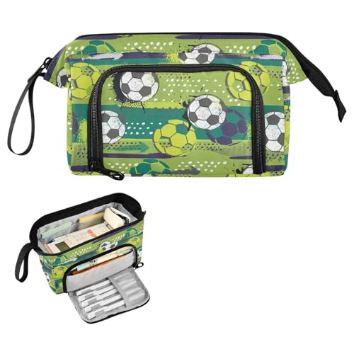 Image of Ball Soccer Green Print Pencil Case Pouch Big Capacity Pencil Bag Box Organizer Pen Case with Compartmens Stationery Organizer for Girls Boys Women School College Office