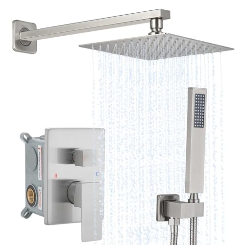 Image of Brushed Nickel Shower System YCAIKOI Wall Mount Shower Faucet Set for Bathroom 10 Inch High Pressure Luxury Shower Head with Handheld, Rough-in Valve Body and Trim Included