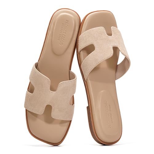 Image of Project Cloud 100% Genuine Leather Sandals for Women 2026 - Fashion Flat Womens Sandals with Memory Foam Insole Slides Sandals Women Footwear - Mules Women's Sandals (Jannel)