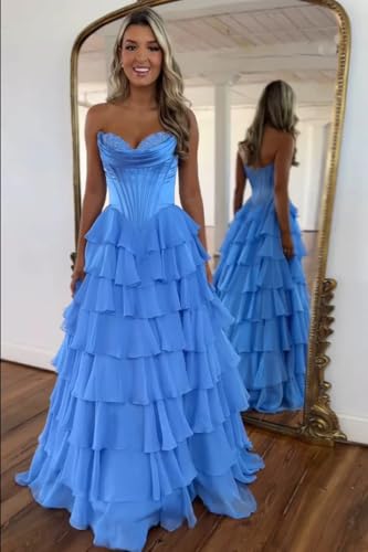 TORYEMY Strapless Corset Prom Dresses for Women 2025 Long Tiered Ruffle Chiffon Formal Evening Gown with Slit - Image 5