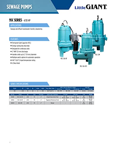 Image of Little Giant 9SC-CIM 115 Volt, 4 /10 HP, 6000 GPH Manual Epoxy-Coated Cast Iron Submersible Sewage Pump, 20-Ft. Cord, Blue, 509413