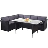 Mendler Poly-Rattan-Garnitur HWC-A29, Gartengarnitur Sitzgruppe Lounge-Esstisch-Set, schwarz - Kissen dunkelgrau