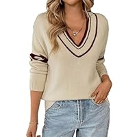 V Cuello suéter de Manga Larga para Mujeres Tops Casuales de otoño,Beige,S