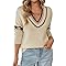 V Cuello suéter de Manga Larga para Mujeres Tops Casuales de otoño,Beige,S