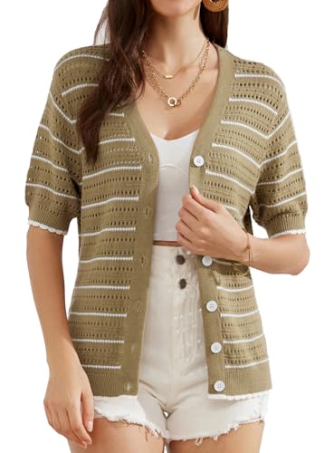 GRACE KARIN Cárdigans de Punto Ligeros de Verano para Mujer Suéteres Acanalados con Agujeros Talla Grande Raya Blanca de Color Kamel 2XL