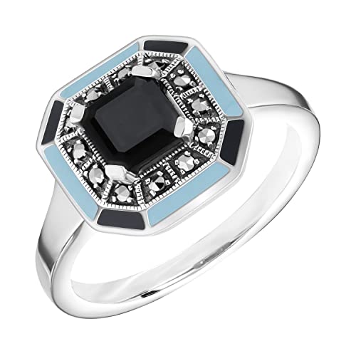 Bague marcassite en argent Esse onyx noir et émail vintage Art Déco