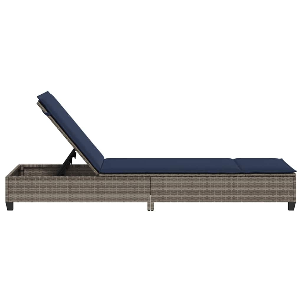 Leżak do opalania z poduszkami, szary, 55 x 200 x 25,5 cm, polirattan, regulowane oparcie, fotel ogrodowy na taras, balkon, leżak relaksacyjny z poduszkami do wellness i odpoczynku