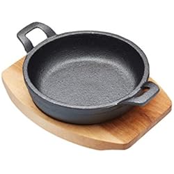Cazuelas Para Servir Frijoles Artesà Cacerola de Hierro Fundido en Miniatura con Tabla de Madera para Servir, Estilo Olla Poco Profunda, para Gratinar, Curry y Carne, Apta para Placas de Inducción, (6.4 x 4.9´´), Redonda, Negro