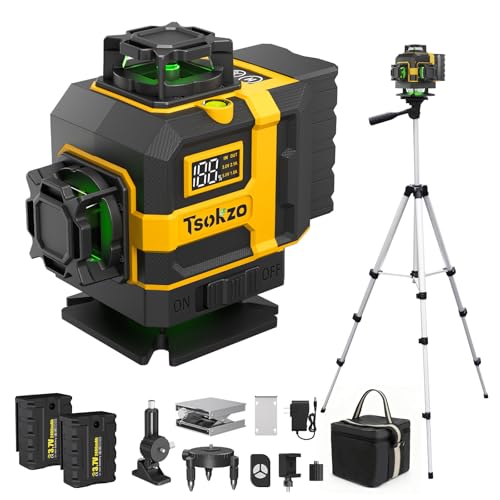 Cross Laser Level with Tripod - 16 Lines Green Line Laser with Tripod, 4D Laser line Level, 4x360° Self Leveling Laser for Tile, Picture Hanging, Home Renovation, Indoor Project, 2 Batteries Included