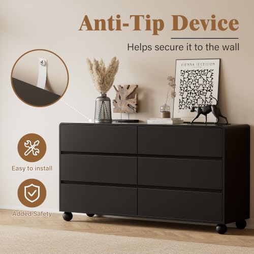Image of Furniway Modern 6 Drawer Dresser for Bedroom, Black Dresser with Curved Profile Design, Minimalist Wood Chest of Drawers for Bedroom, Living Room, Hallway Entryway