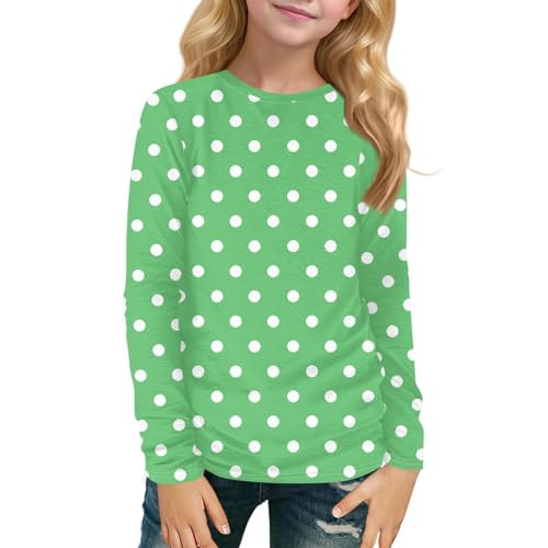Girls’ Long Sleeve Polka Dot Top, Soft Lightweight Crewneck Pullover, Casual Comfortable Everyday Shirt for Children Green