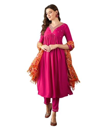 Image of SheWill Women's Mustard American Crepe Zari Sequence Embroidered Alia Cut Kurta with Pant and Dupatta