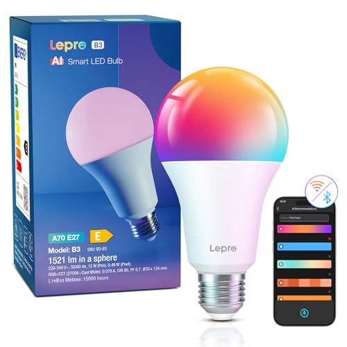 Lepro B3 AI Lampadina Smart E27, 1521LM RGB&Luce Bianca Regolabile, Progettista Illuminazione AI Personalizzato, Funziona con Alexa/Google Assistant, Connessione Wi-Fi e Bluetooth, Sync Musicale, 1pcs