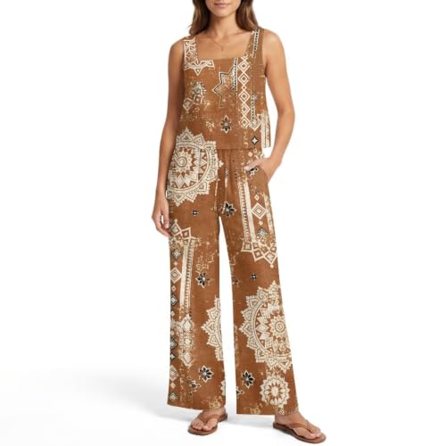 Pantalón de pierna ancha y blusa de lino sintético conjunto dos piezas