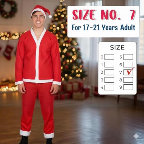 Image of PoPo Toys Santa Claus Costume for Christmas Adults 18-20 Years| Red Santa Suit with Coat, Pant, Hat & Bag | Xmas Party & Fancy Dress Outfit Size 7