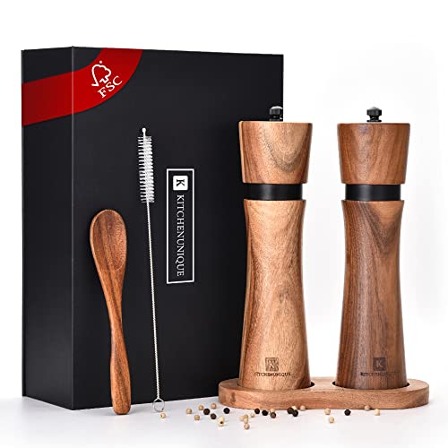 KITCHENUNIQUE - Salz und Pfeffermühlenset Holz I Gewürzmühlenset aus Akazienholz I verstellbarer Keramikmahlwerk I inkl. Platte, Löffel und Reinigungsbürste I FSC Zertifiziert I Schwarz Cover