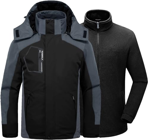 Kugnala Mens Winter Skiing Jacket 3 in 1 Waterproof Warm Snow Fleece Lining Coat Hooded Windproof Jacket Black/Grey 3XL