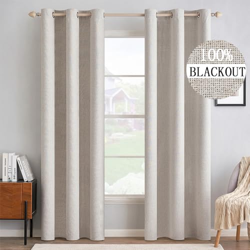 Image of MIULEE 100% Blackout Linen Textured Curtains for Bedroom Solid Thermal Insulated Ivory Grommet Room Darkening Curtains & Drapes Luxury Decor for Living Room 42 x 90 Inch (2 Panels)