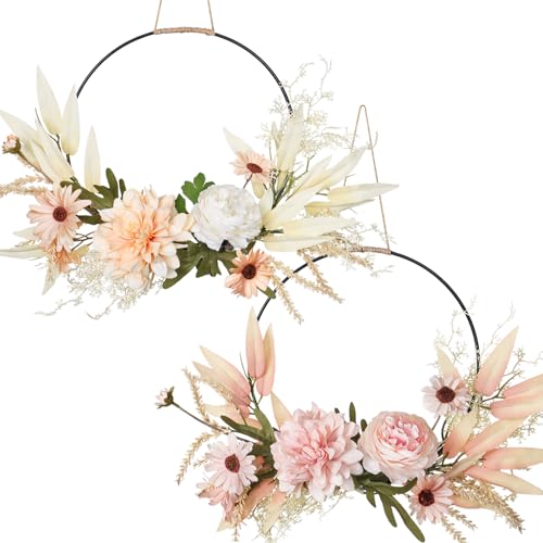 Image of Weldomcor Artificial Floral Wreath for Front Door Porch Set of 2 Floral Hoop Wreath Decor with Pink Champagne Flowers Green Leaves Garland Spring Wall Window Home Hanging Decoration