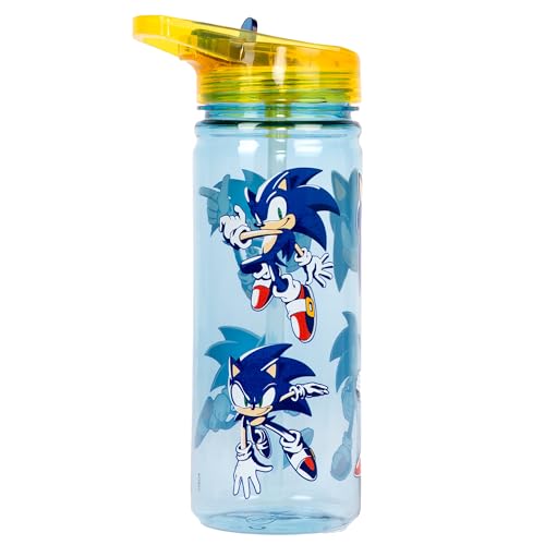 Disney Sonic The Hedgehod - Botella de plástico con popote sin BPA, botella de agua escolar de 580 ml para niños, 100% a...