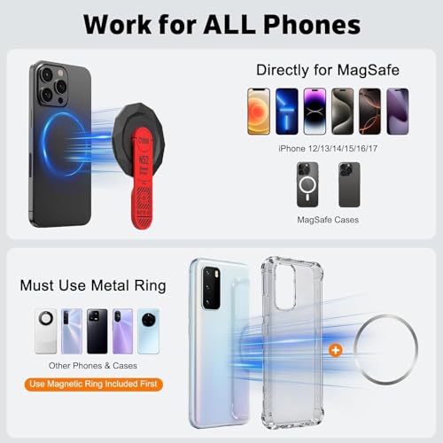 Image of Zitel for MagSafe Phone Grip Stand, 360 Rotation Magnetic Holder Kickstand Compatible with iPhone 17 16 15 14 13 12 Pro Max, Samsung, Pixel 10 & Android Smartphones (Red)