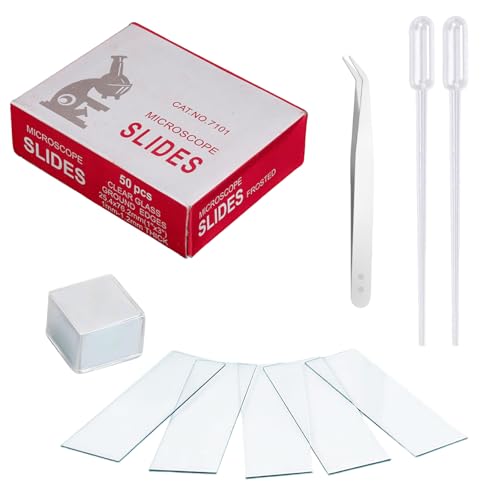 50 Microscope Glass Slide 100 Microscope Cover Glasses White Glass Plain Microscope Slides Pre-Cleaned Microscope Slides with 2 Droppers Microscope Slides with Ground Edge for Laboratory Research