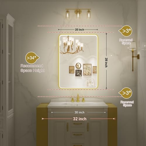 FTOTI 20X28 Inch Framed LED Lighted Bathroom Mirror,Wall Mounted Gold Metal Vanity Mirrors with Lights,Dimmable Illuminated Anti-Fog Mirror(Horizontal/Vertical)