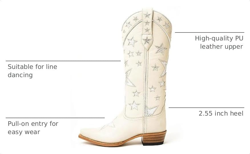 Image of YIYA Women's Star Cowboy Boots Black and White Cowgirl Boots with White Stars Pointed Toe Chunky Low Heel Pull-On Wide Calf Western Embroidered Boots