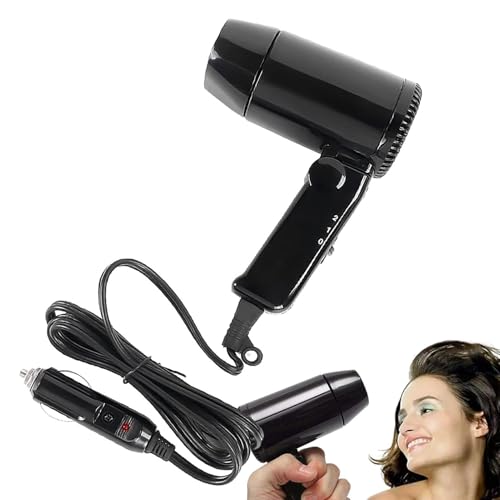 Secador de pelo portátil para coche – Mango plegable, herramienta de peluquería compacta de viaje | Secador de pelo enchufable para acampar, viajes en coche, caravanas y descongelación