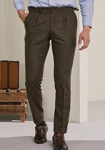 Mens Vintage Herringbone Tweed Dress Pants Slim Fit Casual Suit Trousers3