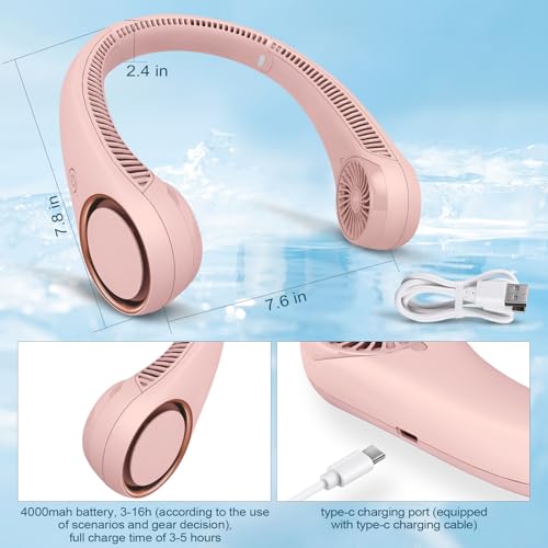 CIVPOWER Neck Fan: Portable Personal Neck Cooling Rechargeable Bladeless Fan - Hands Free 3 Speed 4000 mAh Battery USB Operated Wearable Headphone Design - Gift for Men Women Outdoor (Pink) by CIVPOWER - Image 4