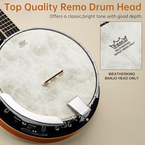 Image of Banjo, Kmise 5 String Beginner Banjo 38 inch Full Size with Remo Head Closed Back with Removable Resonator, Tuner, Strings, Finger Picks, Strap, Bag, Accessories Set Gift Choice for Adults Beginner