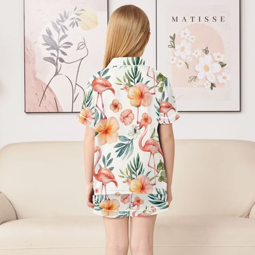 ALAZA Watercolor Flamingo Bird Palm Leaf Blossom Pajamas Satin Pajama Set Short Sleeve Button Down Sleepwear4